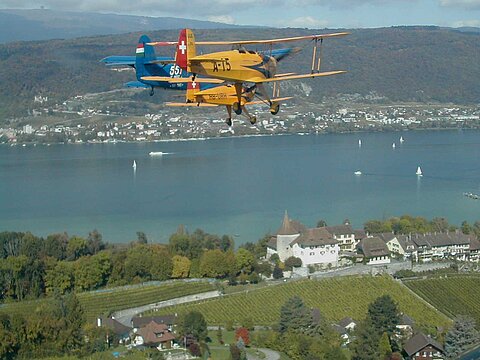Die Vormation im Anflug auf Erlach.